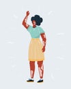 Happy Vitiligo woman waving her hands on white.