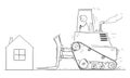 Vector Cartoon Illustration of House Owner Looking Shocked at Bulldozer Moving To Demolish His Small Family House