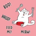 Vector cartoon illustration of hungry fat white cat with spoon, fork, empty red bowl, comic bubble drawn with a tablet