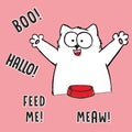 Vector cartoon illustration of hungry fat white cat with spoon, fork, empty red bowl, comic bubble drawn with a tablet