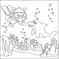 Vector cartoon illustration of little bear and dolphine diving in undersea with cartoon style Childish design for kids activity