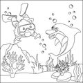 Vector cartoon illustration of little bear and dolphine diving in undersea
