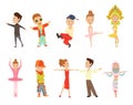 Vector cartoon illustration of little graceful girls-dancer and happy hipster boys isolated on white. Set of little