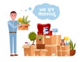 Vector cartoon illustration of loader mover man carrying box. Pile of stacked cardboard boxes with furniture. Concept for home