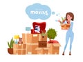 Vector cartoon illustration of loader mover woman in uniform carrying box. Pile of stacked cardboard boxes with stuff. Concept for