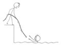 Vector Cartoon Illustration of Man or businessman Drowning in Water, Another Man is Helping Him, Giving Him Rope.