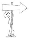 Vector Cartoon Illustration of Man or Businessman leaning Towards Old Wooden Directional Arrow Signpost