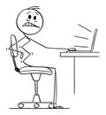 Vector Cartoon Illustration of Man or Businessman or Office Worker Suffering Pain in Back While Working on Computer