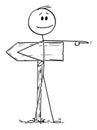 Vector Cartoon Illustration of Man or Businessman Pointing At Opposite Direction Than Road Sign. Different Way