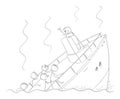 Vector Cartoon Illustration of Man, Businessman, Politician or Leader Having Speech During Ship Sinking Ignoring the