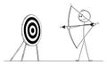 Vector Cartoon Illustration of Man or Businessman Shooting Arrow at Target with Bow. Pointing at Goal or Success Royalty Free Stock Photo