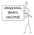 Vector Cartoon Illustration of Man or Businessman Thinking About Universal or Unconditional Basic Income