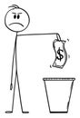 Vector Cartoon Illustration of Man or Businessman Throwing Dollar Banknote or Bill in Trash or Waste Bin or Dustbin or