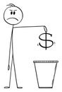 Vector Cartoon Illustration of Man or Businessman Throwing Dollar Currency Symbol in Trash or Waste Bin or Dustbin or