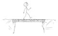 Vector Cartoon Illustration of Man or Businessman Walking and Crossing the Bridge