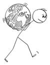 Vector Cartoon Illustration of Man Carrying Planet Earth Globe on His back. Concept of Responsibility, Environmental