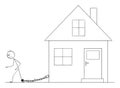 Vector Cartoon Illustration of Man Chained to His Family House. Concept of Housing or Mortgage Expense.
