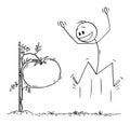 Vector Cartoon Illustration of Man or Farmer Celebrating Giant or Big Tomato Vegetable Growing on his Garden or Farm