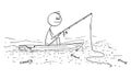 Vector Cartoon Illustration of Man Fishing Fish on Small Boat on Dry River or Sea Changed in Desert.Business or Ecology