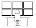 Vector Cartoon Illustration of Man, Hacker or Businessman Sitting in Front of Six Computer Monitors Mounted on Wall Royalty Free Stock Photo