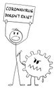 Vector Cartoon Illustration of Man Holding Coronavirus Doesn`t Exist Sign. Concept of covid-19 or Sars-cov-2 Epidemic