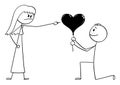 Vector Cartoon Illustration of Man in Love Giving Ballon in Heart Shape to Angry Woman. She is Rejecting and Using Pin Royalty Free Stock Photo