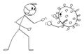 Vector Cartoon Illustration of Man, Medic, Doctor or Boxer Wearing Face Mask and Fighting With Coronavirus Covid-19