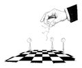 Vector Cartoon Illustration of Man Moved by Giant Hand in Suit as Chess Piece on Chessboard. Concept of Control and Royalty Free Stock Photo