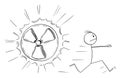 Vector Cartoon Illustration of Man Running Away in Panic From Nuclear Energy or Radiation Symbol