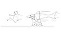 Vector Cartoon Illustration of Man Running in Fear and Panic From Dangerous Shark Riding on Cart.