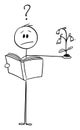 Vector Cartoon Illustration of Man or Scientist Trying to to Find and Identify Unknown Plant in Book or Herbarium