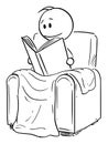 Vector Cartoon Illustration of Man Siting Under Blanket in Comfortable Armchair or Chair and Reading the Book