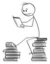 Vector Cartoon Illustration of Man Sitting on Pile of Books and Reading a Book Royalty Free Stock Photo