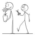 Vector Cartoon Illustration of Man Smelling to Beautiful Flower in Plant Pot, Envious Colleague is Going with Scissors