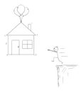 Vector Cartoon Illustration of Man Trying to Buy House Using Mortgage But Failing to Finance It.