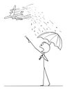 Vector Cartoon Illustration of Man with Umbrella Pointing in Panic at Passenger Jet Aircraft, Chemtrail Conspiracy