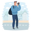 Vector cartoon illustration of Man wanderer is taking photo on camera of city, while he standing on a street.