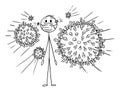 Vector Cartoon Illustration of Man Wearing Face Mask Attacked by Coronavirus Covid-19 Infection