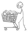 Vector Cartoon Illustration of Man Wearing Face Mask Pushing Shopping Cart With of Food From Supermarket or Grocery