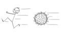 Vector Cartoon Illustration of Man Wearing Protective Face Mask Running Away in Panic Chased by Coronavirus Covid-19.