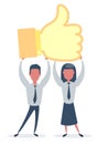 Man and woman hold big thumb up icon. Successful social media, teamwork. Business poster, card for presentation, social Royalty Free Stock Photo