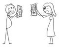 Vector Cartoon Illustration of Man and Woman Showing Mobile Phones with their Idealized Unrealistic Retouched Photos