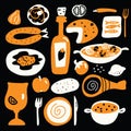 Vector cartoon illustration of mediterranean cuisine on black background. Spanish food concept.