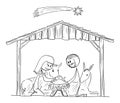 Vector Cartoon Illustration of Nativity Scene of Baby Jesus, Mary and Joseph in Bethlehem