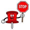 Push Pin Mascot with a Stop Sign Royalty Free Stock Photo