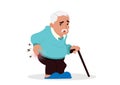 Vector cartoon illustration of an old man full character old man walking holding a cane and have back pain on white background