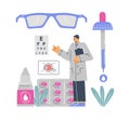 Vector cartoon illustration of ophthalmology diagnostics, vision correction and treatment, doctor, eye test chart Royalty Free Stock Photo