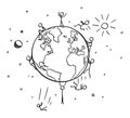 Vector Cartoon Illustration of People Falling From Spherical Planet Earth. Flat Earth Theory or Conspiracy