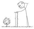 Vector Cartoon Illustration of Perplexed Man With Big Handsaw Looking at Small Young Plant Tree, Too Small to be Cut for