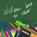 Vector Cartoon Illustration - Pile of Stationery and Text Welcome Backto School